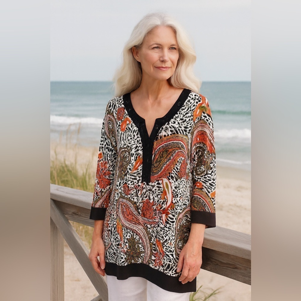 Joseph A Sz XL embellished Paisley sweater Tunic V Neck 3/4 Sleeve Coastal Boho